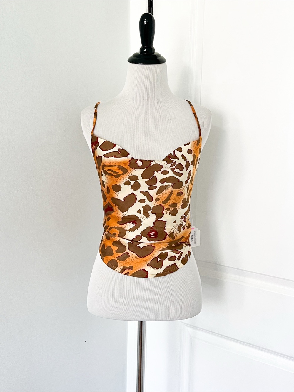 ACOA Leopard Print Satin Cowl Crop Top in Brown/Orange - Small